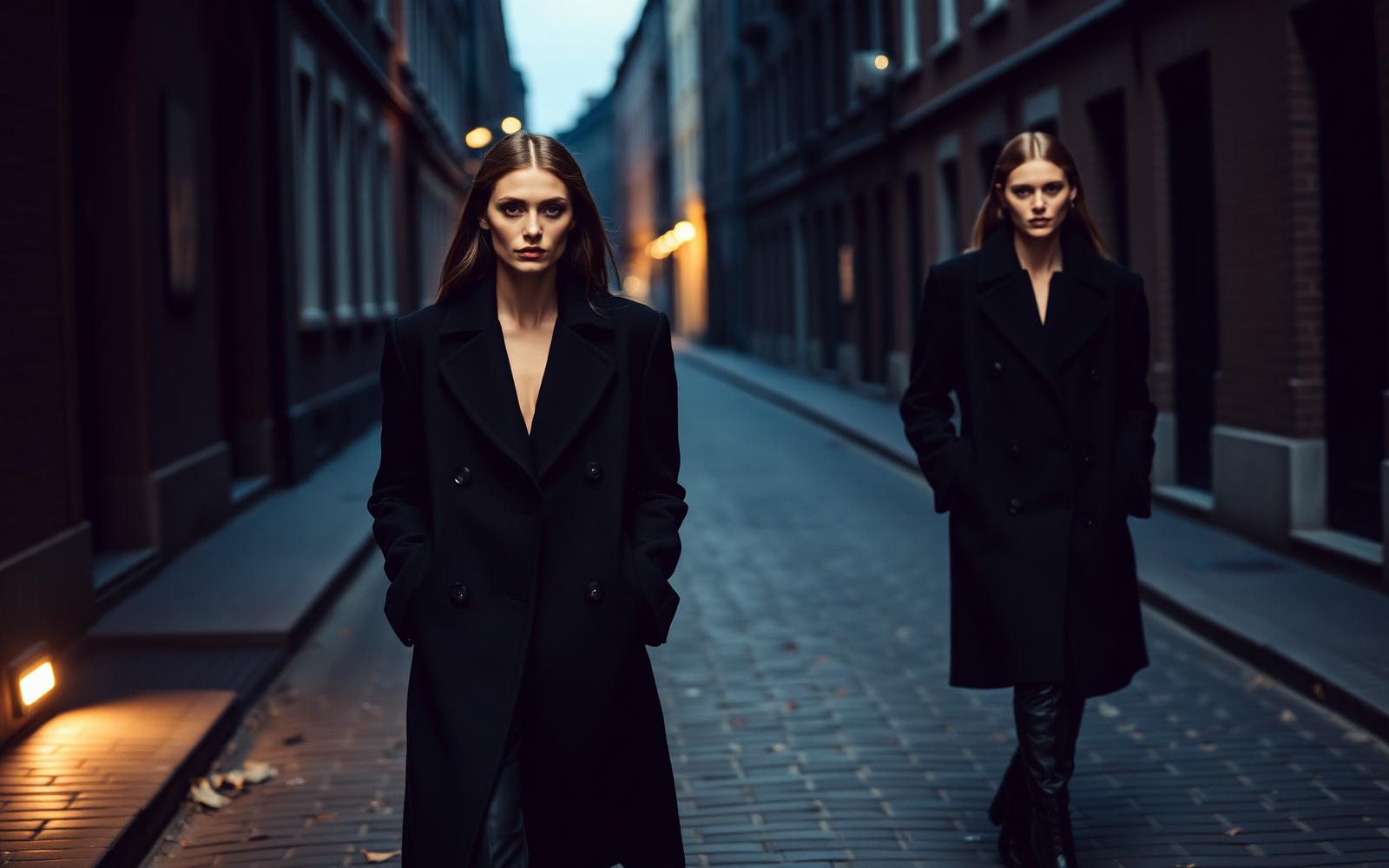 Two models in black coats walking