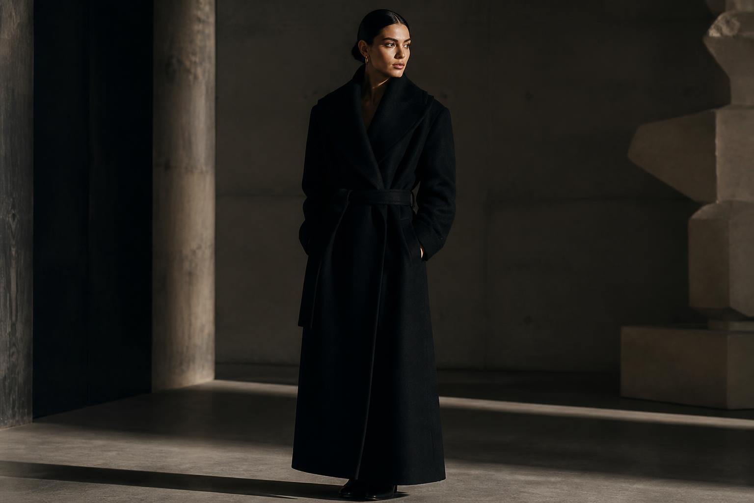 Model in long black wool overcoat